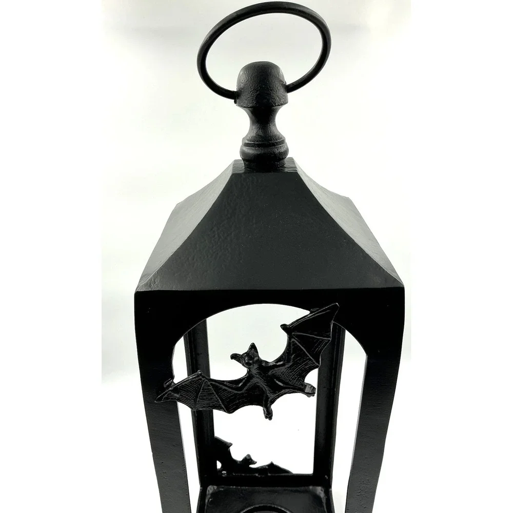 Large Halloween Black Cast Iron Hanging Candle Holder Lantern w/ Bats 22 Inches